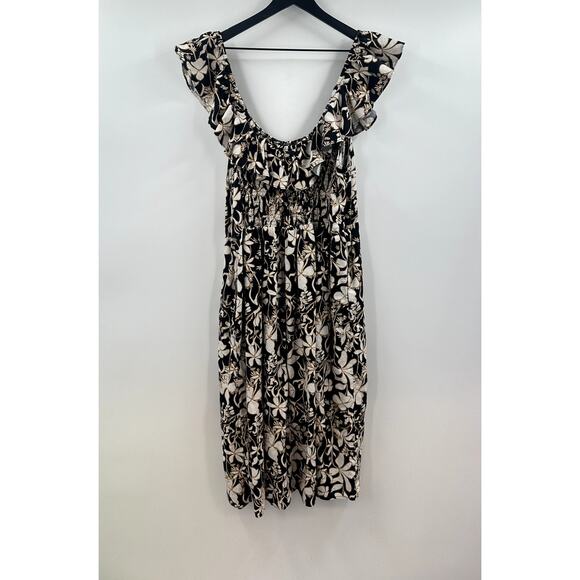 Ava & Viv 1X Black and Tan Floral Linen Blend Midi Ruffle Dress - Picture 7 of 8